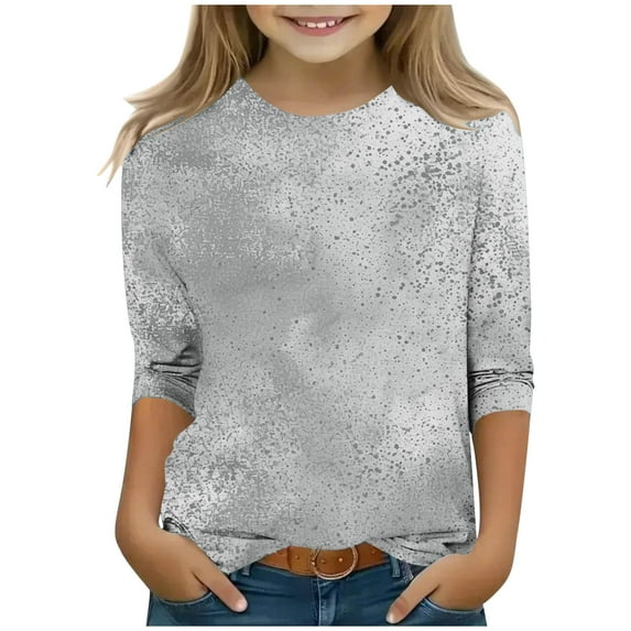LNWUY (3-12 Years) Middle and Large Children's Summer Girls' Casual Printed Pattern Comfort Breathable Short Sleeve Sleeve Crew Neck Top Gray 120