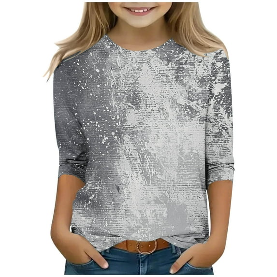 LNWUY (3-12 Years) Middle and Large Children's Summer Girls' Casual Printed Pattern Comfort Breathable Short Sleeve Sleeve Crew Neck Top Gray 120