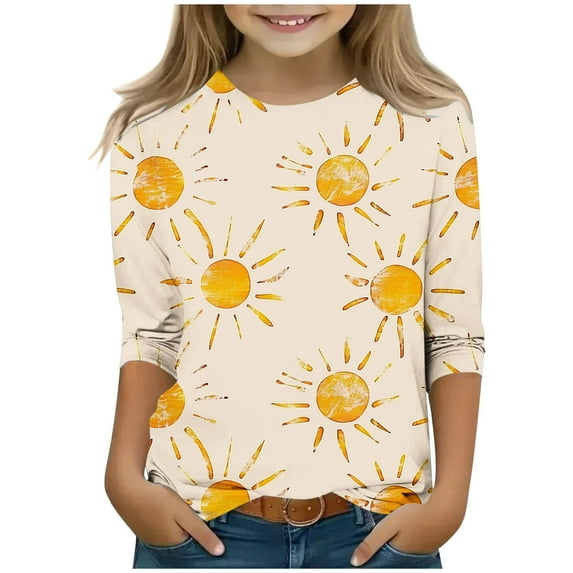 LNWUY (3-12 Years) Middle and Large Children's Summer Girls' Casual Printed Pattern Seven Sleeve Sleeve Crew Neck Top Multicolor 150