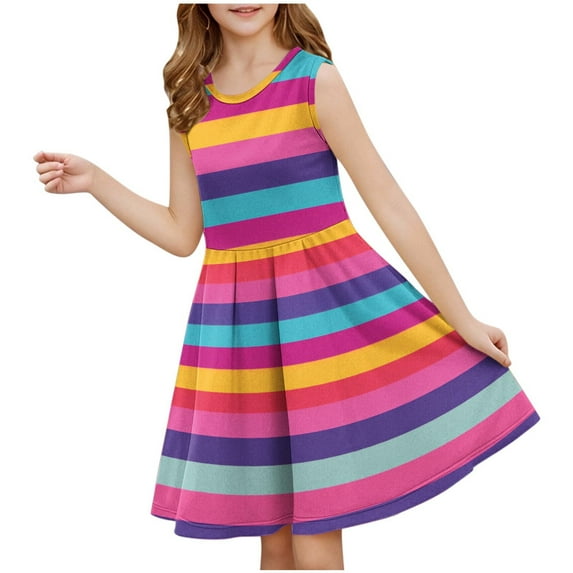 LNWUY (3-14 Years) Spring and Summer Girls Middle and Big Children Striped Print Sleeveless Round Neck Dress Waisted Dance Dress Hot Pink 11 Years