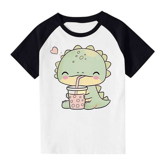 LNWUY (3-14Years) Boys Girls Middle and Big Boys Fashion Cute Dinosaur Printed Plunger Sleeve Casual Short Sleeve Top Black 11 Years
