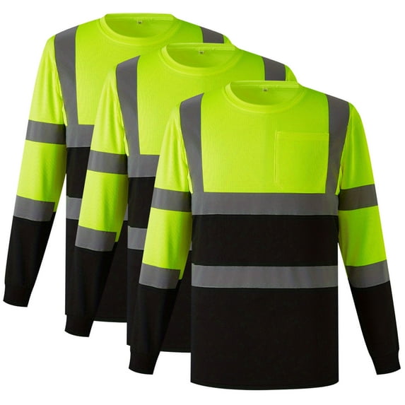 LNWUY 3 Pack Safety Tops High Visibility Long Sleeve Crewneck T Shirt with Reflective Strips for Outdoor Work Clothes Yellow XXXL