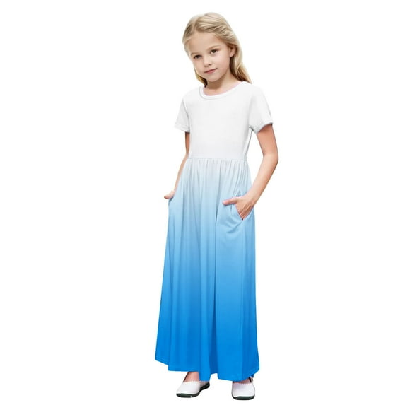 LNWUY (4-14Years) Girls' Middle and Large Children's Simple Gradient Pocket Short Sleeve Skirt Pleated Dress Long Dresses Blue 13 Years