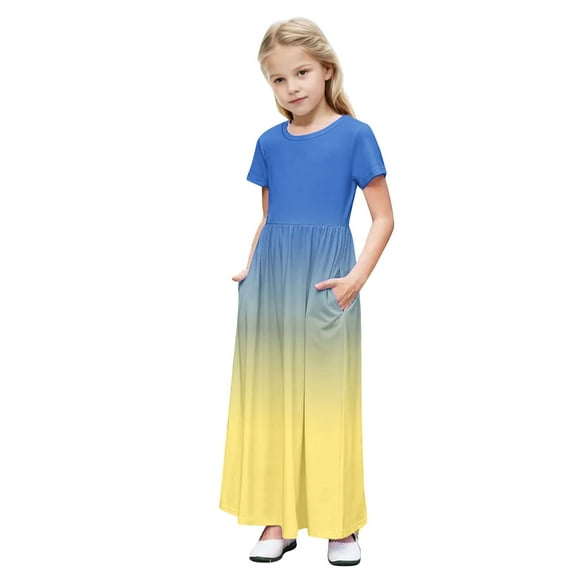 LNWUY (4-14Years) Girls' Middle and Large Children's Simple Gradient Pocket Short Sleeve Skirt Pleated Dress Long Dresses Yellow 11 Years