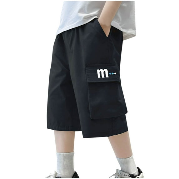 LNWUY (5-15 Years) Boys Middle and Large Children Five Minutes Shorts Elastic Summer Thin Loose Breathable Work Pants Shorts Black 7 Years