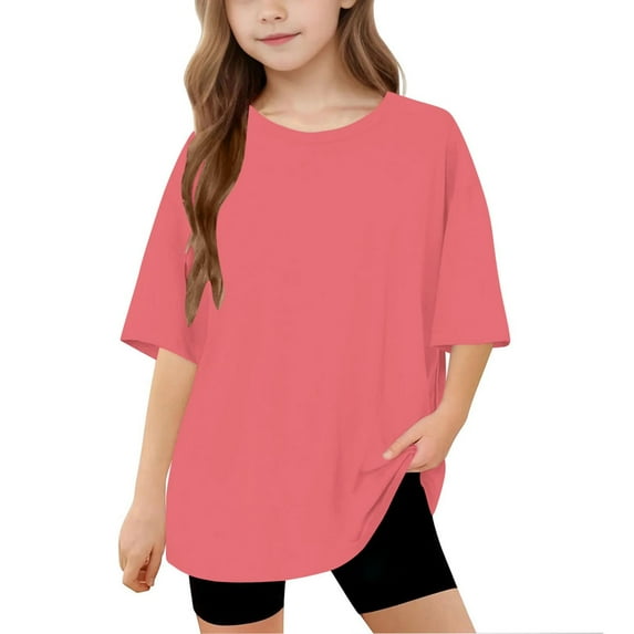 LNWUY (5-15 Years) Boys'and Girls' Middle and Big Children's Fashion Casual Versatile Shirts Solid Color Loose Short Sleeve Tops Pink 6 Years