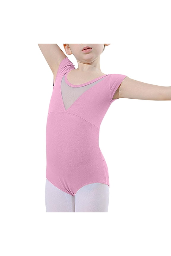 (5-18 Years) Children's Dance Clothes Middle and Large Girls Practice Body Suit Tutu Dance Summer Short-Sleeved Jumpsuit Pink 7 Years