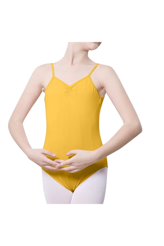 (5-18 Years) Children's Dance Clothes Middle and Large Girls Practice Body Suit Tutu Dance Summer Short-Sleeved Jumpsuit Yellow 7 Years