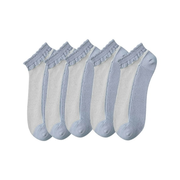 LNWUY 5pc Women's Solid Color Breathable Instep Transparent Cotton Sole Summer Short Socks Shallow Socks Blue Free Size