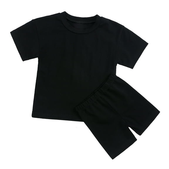 LNWUY 9 Months-13 Years Summer Kids Girls Suit Solid Color Short Sleeve Shorts Comfy Breathable Sports Two-Piece Suit Black 12-13 Years