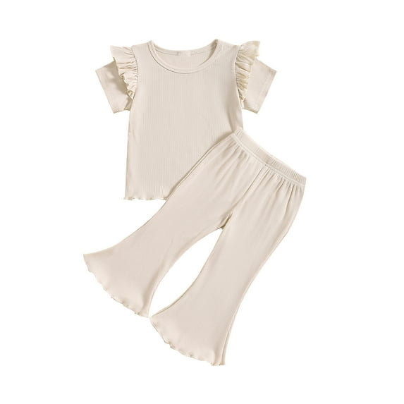 LNWUY Baby Girl Clothes Summer Solid Knit Ruffle Short Sleeve T-Shirt Tee & Flare Pants Set Toddler Bell-bottoms Outfit Beige 12 Months