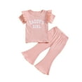 thumbnail image 1 of LNWUY Baby Girl Clothes Summer Solid Knit Ruffle Short Sleeve T-Shirt Tee & Flare Pants Set Toddler Bell-bottoms Outfit Pink 3 Years, 1 of 1