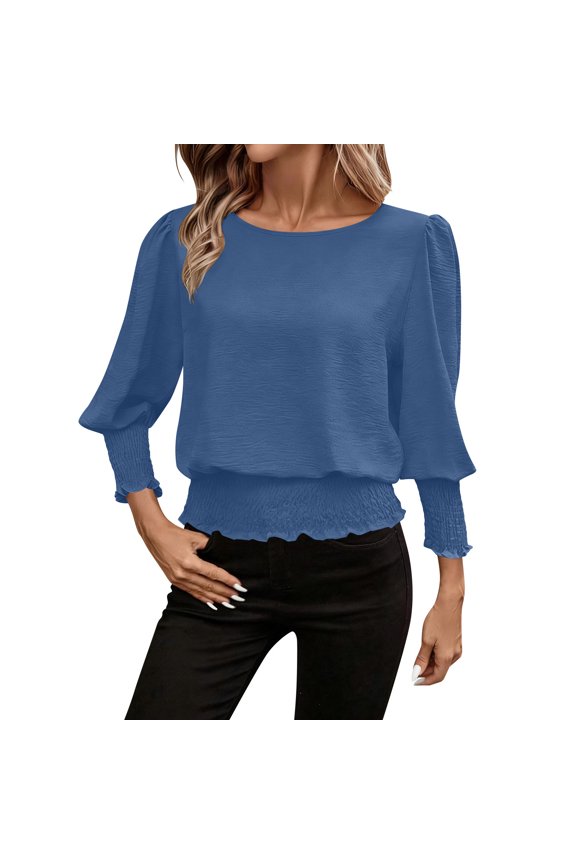 Banded Bottom Tops for Women Smocked Tops Elastic Cinched Waist Top Dressy Blouse 3/4 Length Sleeve Casual Clothes Blue S