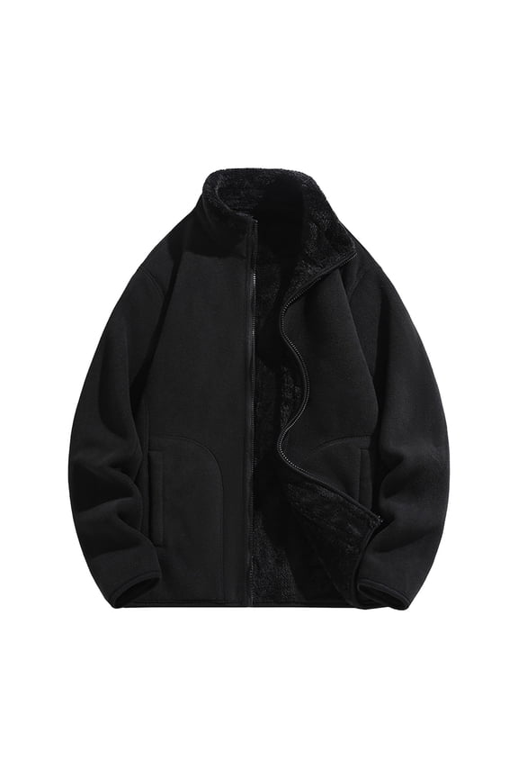 Big and Tall Men's Solid Color Stand Collar Fleece Jacket (M-5XL) Stylish Zipper Pocket Casual Hoodless Coat, Comfortable Long Sleeve Top Black M