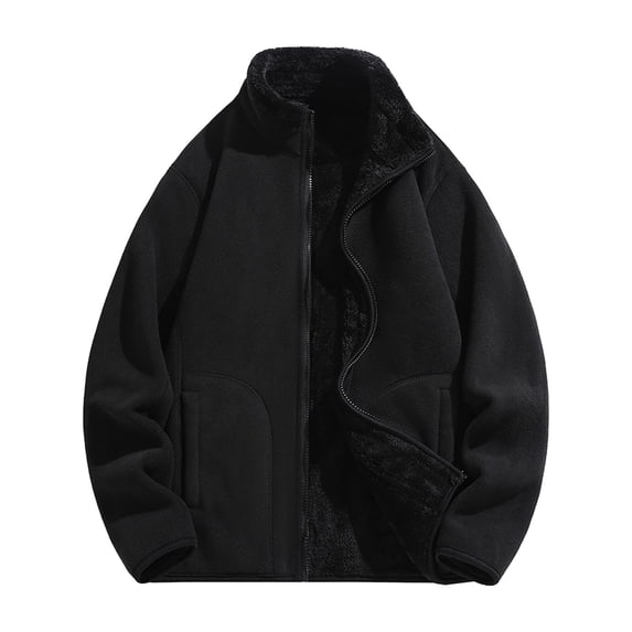 LNWUY Big and Tall Men's Solid Color Stand Collar Fleece Jacket (M-5XL) Stylish Zipper Pocket Casual Hoodless Coat, Comfortable Long Sleeve Top Black XXXXL
