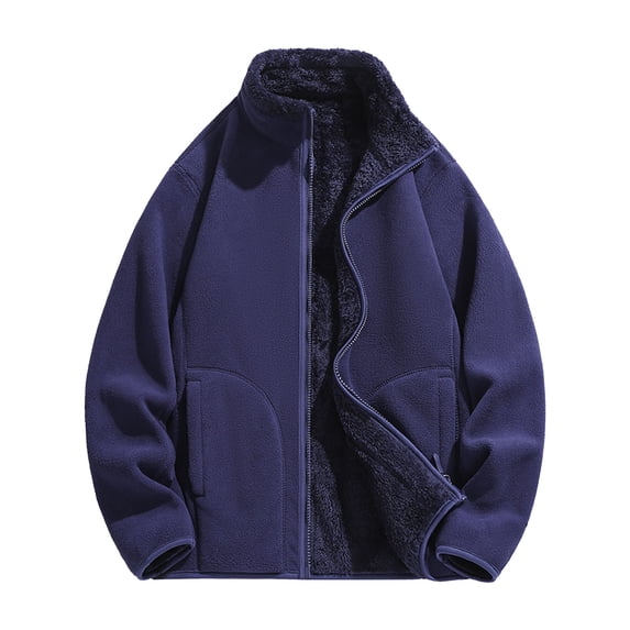 LNWUY Big and Tall Men's Solid Color Stand Collar Fleece Jacket (M-5XL) Stylish Zipper Pocket Casual Hoodless Coat, Comfortable Long Sleeve Top Blue L