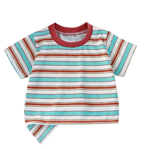 LNWUY Boys Girls Children Summer Round Neck Striped Short Sleeve Printed Cotton Bottom Shirt Round Neck Top Shirt Blue 10 Years