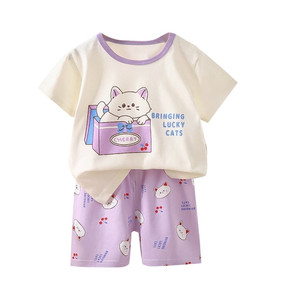 LNWUY Boys Girls Summer Printed Short Sleeve Elastic Waist Shorts Two Piece Set With Shoulder Button Round Neck Top Set Purple 8 Years