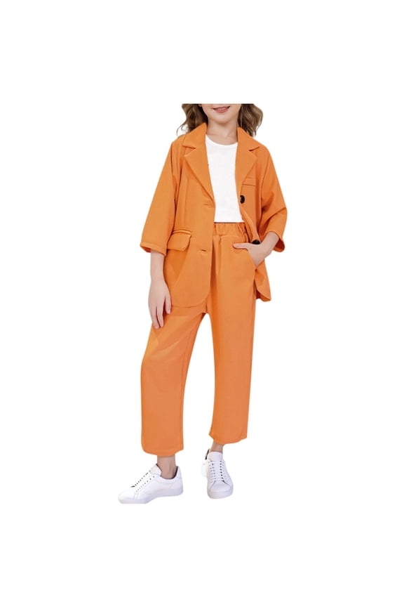 Boys and Girls with the Same Summer Thin Lapel Button Short-Sleeved Solid Color Suit Suit Pocket Top Elastic Waist Seven Pants Suit Orange 6 Years