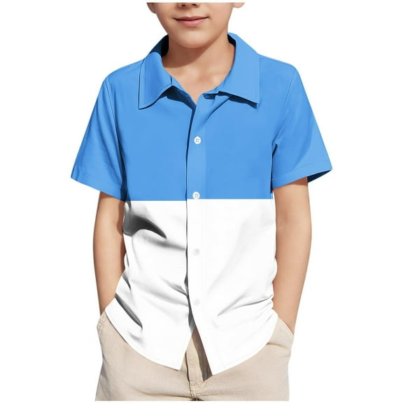 LNWUY Boys' Summer Lapel Color Blocking Row Button Down Shirt Short Sleeve Shirt T-Shirt Loose Beach Style Outerwear Tops Blue 160