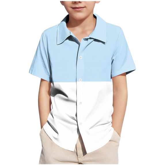 LNWUY Boys' Summer Lapel Color Blocking Row Button Down Shirt Short Sleeve Shirt T-Shirt Loose Beach Style Outerwear Tops Blue 170
