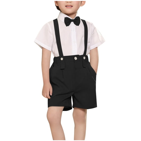 LNWUY Boys Summer Thin Section Casual Sports Fashion Short-Sleeved Collar Knot Back Strap Suit Pants Dress Four-Piece Suit Black 5-6Years