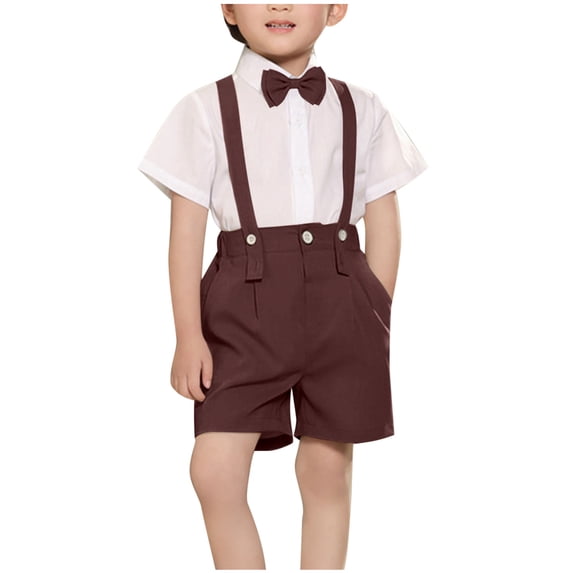 LNWUY Boys Summer Thin Section Casual Sports Fashion Short-Sleeved Collar Knot Back Strap Suit Pants Dress Four-Piece Suit Red 12-13Years