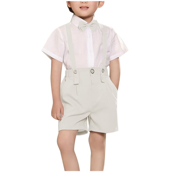 LNWUY Boys Summer Thin Section Casual Sports Fashion Short-Sleeved Collar Knot Back Strap Suit Pants Dress Four-Piece Suit White 7-8Years