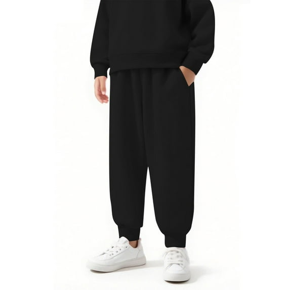LNWUY Boys and Girls Solid Color Padded Elastic Waist Sweatpants Drawstring Pants with Pockets Warm Sweatpants Long Pants Black 130