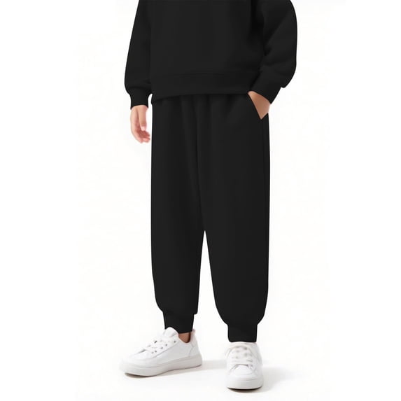 LNWUY Boys and Girls Solid Color Padded Elastic Waist Sweatpants Drawstring Pants with Pockets Warm Sweatpants Long Pants Black 140