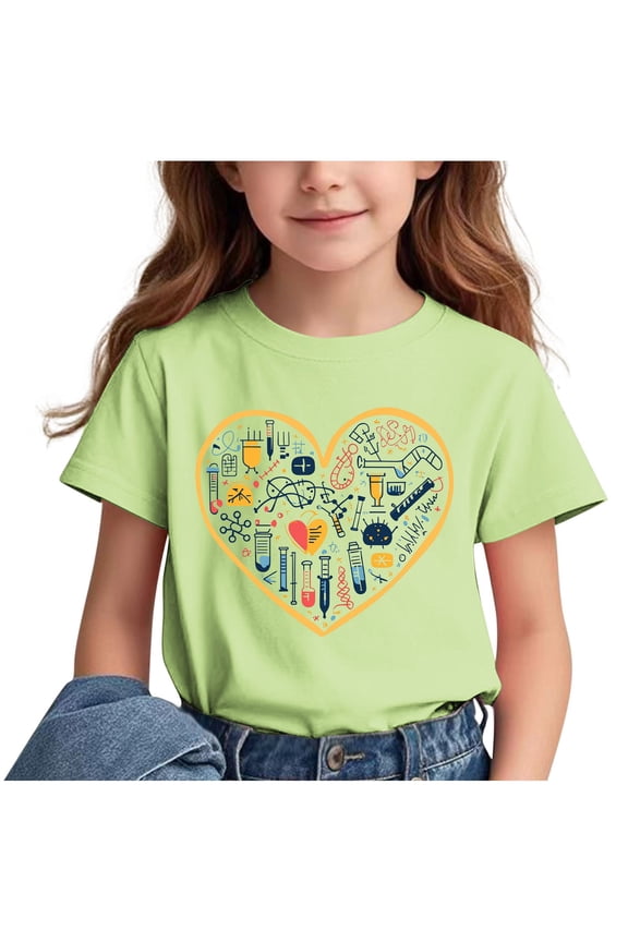 Boys and Girls Spring and Summer Casual Cute Girls Printed Short-Sleeved Round Neck Blouse Pullover Bottoming Shirt Green 14 Years