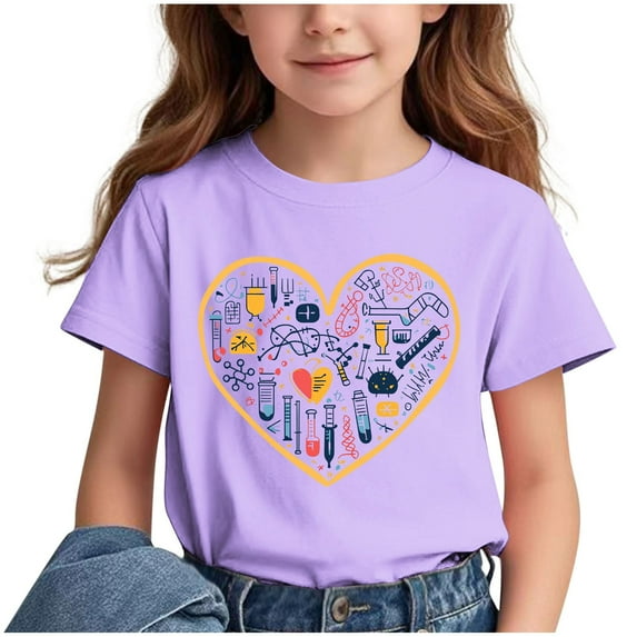 LNWUY Boys and Girls Spring and Summer Casual Cute Girls Printed Short-Sleeved Round Neck Blouse Pullover Bottoming Shirt Purple 9 Years
