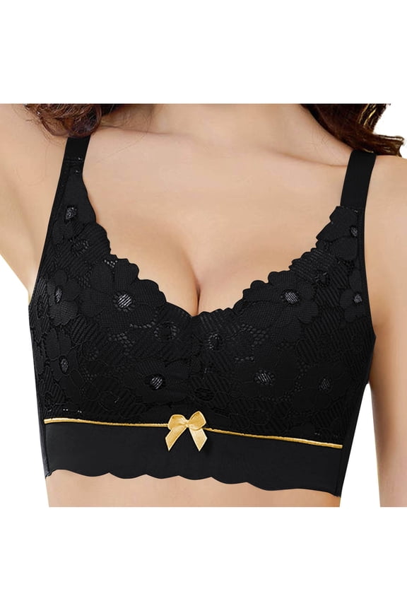 Bras for Women Floral Print Bow Trim No Underwire Unpadded Full Coverage Bras for Women Bra Wireless Bra Black 40/90C