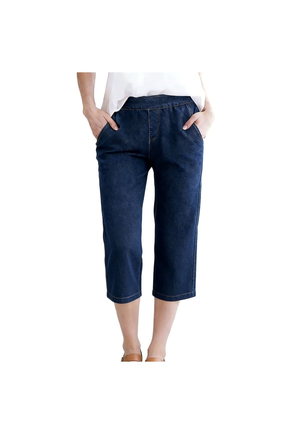 Capri Jeans for Women Stretch Casual Elastic Waist Wide Straight Leg Plus Size Pull on Denim Capris Loose Summer Pants Blue XXL
