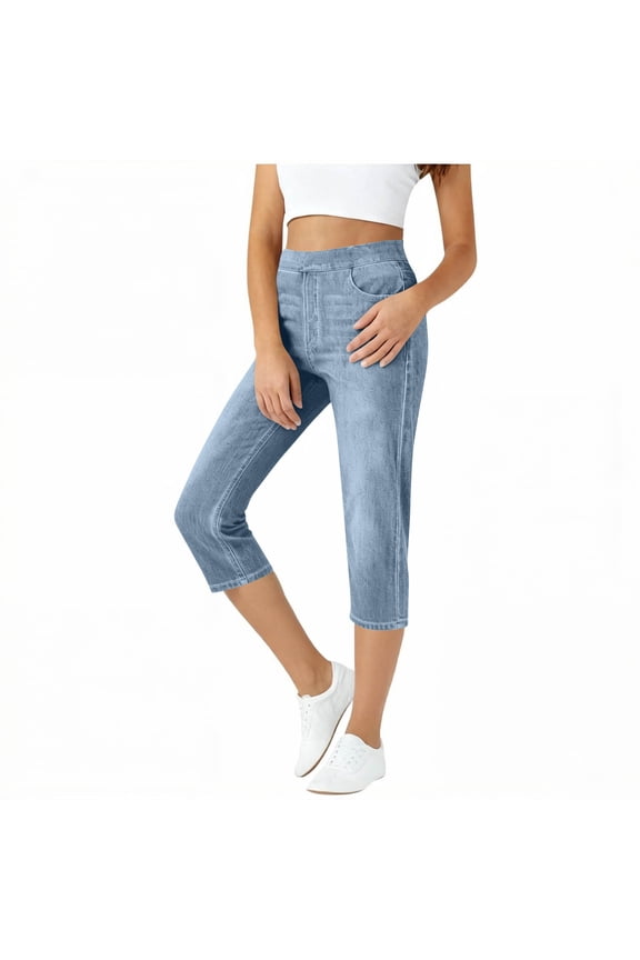 Capris Jeans for Women High Waisted Trendy Pull On Elastic Waist Pockets Split Hem Skinny Stretchy Denim Capri Pants Blue XL