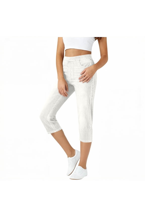 Capris Jeans for Women High Waisted Trendy Pull On Elastic Waist Pockets Split Hem Skinny Stretchy Denim Capri Pants White XL