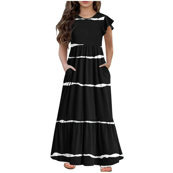 LNWUY Casual Summer Dresses for Girl Trendy Loose Short Sleeve Round Neck Stripe Print Sundress Casual Flowy Beach Dress Black 12 Years