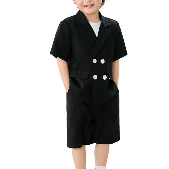 LNWUY Children Boys' Summer Suit 2-Piece Double Breasted Tuxedos Short Sleeves Jacket with Short Pants Black 7-8Years
