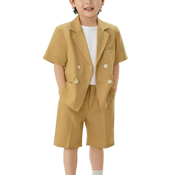 LNWUY Children Boys' Summer Suit 2-Piece Double Breasted Tuxedos Short Sleeves Jacket with Short Pants Yellow 2-3Years
