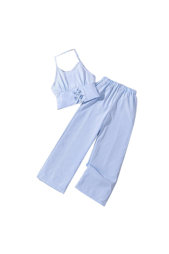 Children Girls Summer Casual Striped Cami Tank Top and Striped Pants Two Piece Round Neck Vest Set Blue 10-11Years