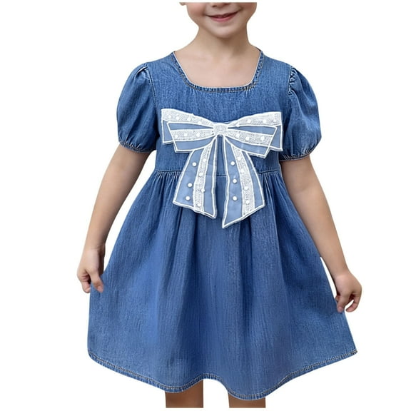 LNWUY Children's Cowboy Lapel Dress Summer Coolred Floral Cowboy Dress Girls Skirt Sleeveless Round Neck Dresses Blue 130