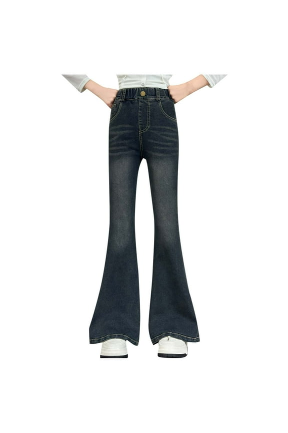 Children's Fall and Winter Fleece Lined Bell Bottom Jeans Casual Girls' Stretch Fashion Trousers Denim Pants Blue 9 Years