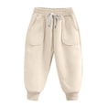 thumbnail image 1 of LNWUY Children's Solid Color Elastic Waist Drawstring Leg Padded Thickened Pants With Pockets Loose Long Pants Beige 2 Years, 1 of 5