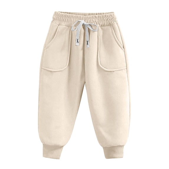 LNWUY Children's Solid Color Elastic Waist Drawstring Leg Padded Thickened Pants With Pockets Loose Long Pants Beige 2 Years