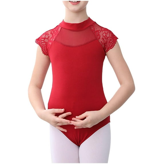 LNWUY Children's Solid Color Short Sleeve Round Neck Ballet Dance Clothes Mesh Practice Clothes Girls One-Piece Suit Set Red 9 Years