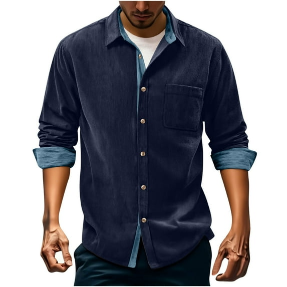 LNWUY Corduroy Shirt for Men Long Sleeve Mens Dress Shirts Cotton Casual Button Down Shirt Work Shacket Jackets Blue XXXL