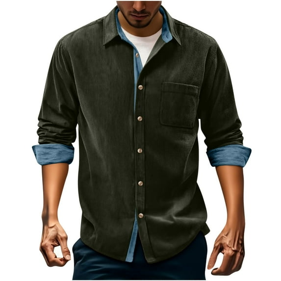 LNWUY Corduroy Shirt for Men Long Sleeve Mens Dress Shirts Cotton Casual Button Down Shirt Work Shacket Jackets Green XL