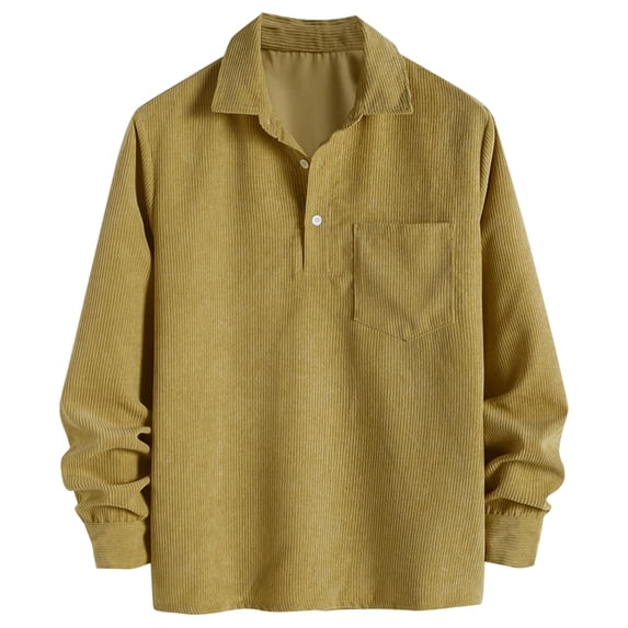 LNWUY Corduroy Shirt for Men Pullover Long Sleeve Shirt Casual Solid Color Work Collared Shirt with Pocket Half Button Up Top Yellow XXL