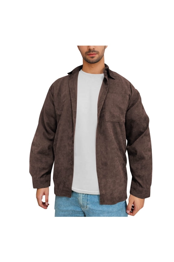 Corduroy Shirts for Men Spring Autumn Long Sleeve Button Down Casual Ribbed Shacket Slim Fit Lightweight Jacket Brown M