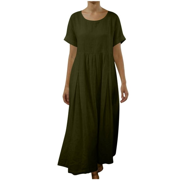 LNWUY Cotton Linen Dress for Women Crew Neck Short Sleeve Flowy Casual Solid Color Summer Loose Fit Maxi Dresses Green S